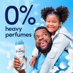 Man holding a Downy Light bottle with a child on his shoulders under large text reading 0% heavy perfumes