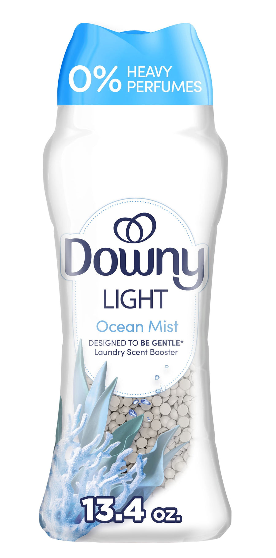 Tall Downy Light Ocean Mist scent booster bottle showing label, translucent window with white scent beads and blue cap
