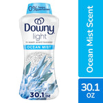 Single bottle of Downy Light Ocean Mist in-wash scent booster with visible label, beads graphic and a blue side panel reading 30.1 oz