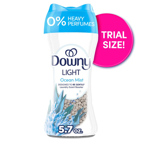 Bottle of Downy Light Ocean Mist laundry scent beads with visible beads and a pink 'Trial Size' badge