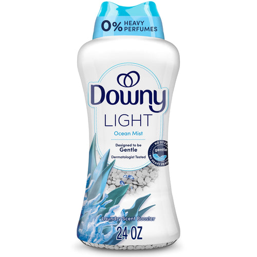 White bottle of Downy Light Ocean Mist laundry scent beads with blue cap and ocean graphics