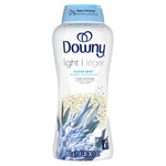 Front view of Downy Light Ocean Mist scent booster bottle showing beads graphic, brand logo, and 30.1 oz weight text