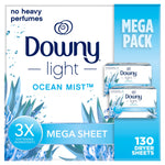 Front-facing package design for Downy Light Ocean Mist mega sheet dryer sheets with MEGA PACK label