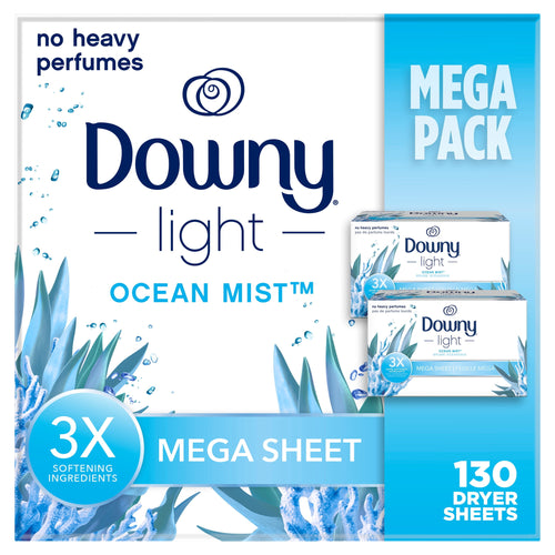 Front-facing package design for Downy Light Ocean Mist mega sheet dryer sheets with MEGA PACK label