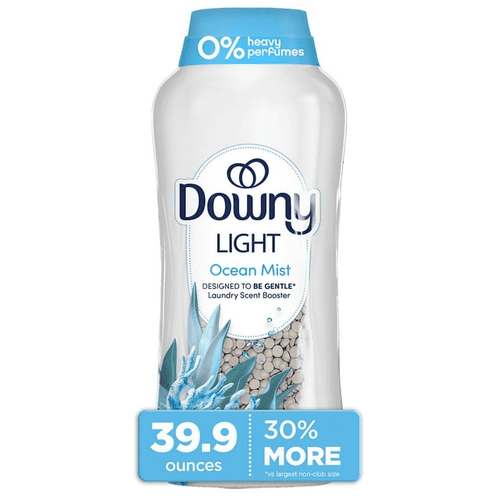 Downy Light Ocean Mist in-wash scent booster beads bottle with visible beige beads and 39.9 ounces label