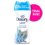 Single Downy Light Ocean Mist in-wash scent booster bottle with blue cap, visible scent beads and a pink “TRIAL SIZE!” badge.
