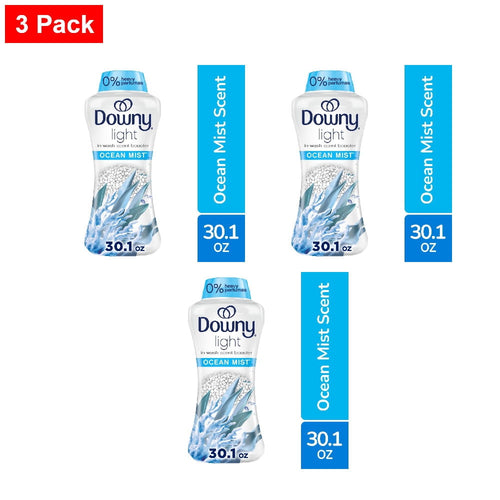 Composite image showing three Downy Light Ocean Mist in-wash scent booster bottles with blue sizing panels and a red "3 Pack" label