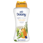 Full front product shot of Downy Light Orange Blossom scent booster showing logo, orange fruit and bead graphic.