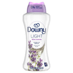 Front view of a single Downy Light White Lavender scent booster bottle showing brand logo, lavender artwork and pellets.