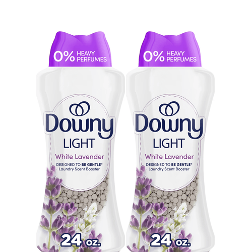 Two white Downy Light White Lavender scent booster bottles with lavender graphics and 24 oz label.