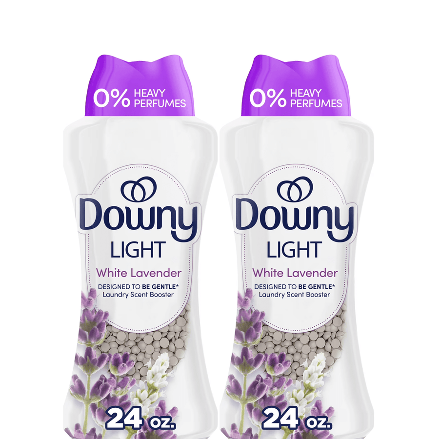 Two white Downy Light White Lavender scent booster bottles with lavender graphics and 24 oz label.