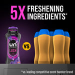 Comparison graphic showing Downy Unstopables Lush bottle beside generic bottles with '5X FRESHENING INGREDIENTS' headline