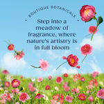Graphic text ‘Step into a meadow of fragrance’ over a blurred floral meadow with floating pink flowers