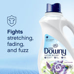 Cropped product shot of Downy Nature Blends honey lavender bottle with text saying fights stretching, fading, and fuzz