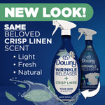 Promotional graphic announcing “NEW LOOK!” with two Downy Wrinkle Releaser bottles and crisp linen scent text