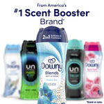 Promotional graphic proclaiming '#1 Scent Booster Brand' with a prominent Downy Blends Meadow Rain bottle and blurred competitors behind