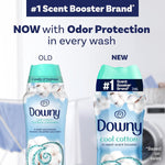 Comparison graphic showing old and new Downy Cool Cotton bottle designs with odor protection claim