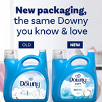 Comparison graphic showing old and new blue Downy bottles with headline “New packaging, the same Downy you know & love”