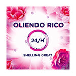 Graphic panel with floral background reading "Oliendo Rico" and "24/H Smelling Great" claim with decorative beads