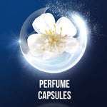 Graphic of a white flower encapsulated in a glowing perfume bubble with the caption “PERFUME CAPSULES.”