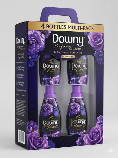 Downy Perfume Collection four-bottle multipack in purple packaging with rose graphics and visible pump-top bottles.