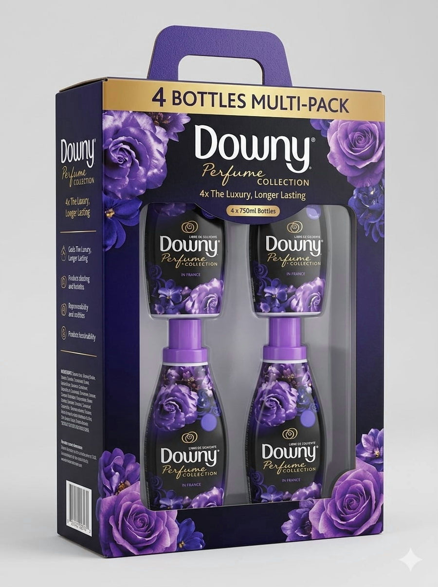 Downy Perfume Collection four-bottle multipack in purple packaging with rose graphics and visible pump-top bottles.