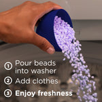 Hand pouring purple scent booster beads from a measuring cup into a washer drum with usage step text