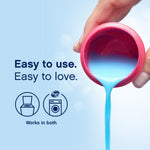 Hand pouring blue liquid from a pink measuring cap with text 'Easy to use. Easy to love.' and washer icons