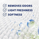 Close-up infographic showing textured fabric with checkmarks and text: Removes Odors, Light Freshness, Softness