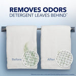 Before-and-after towel infographic showing fabric close-ups with headline 'Removes Odors Detergent Leaves Behind'