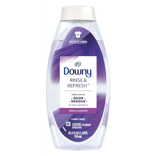 Clear plastic bottle of Downy Rinse & Refresh fabric rinse with purple label accent and 'Fresh Lavender' text