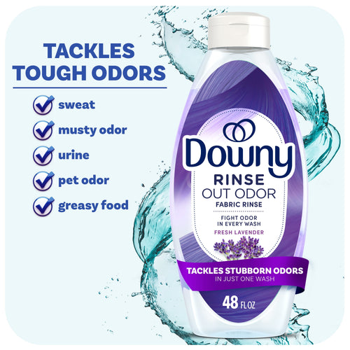 Bottle of Downy Rinse Out Odor fabric rinse in purple lavender-themed packaging with illustrative water splash
