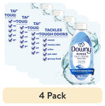 Four overlapping images of a Downy Rinse Out Odor Ocean Mist bottle with water splash graphics and a '4 Pack' label