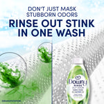 Promotional graphic showing Downy Rinse Out Odor bottle with text claiming it rinses out stink in one wash
