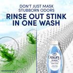 Promotional graphic showing a Downy Rinse Out Odor bottle with headline 'Rinse out stink in one wash' and dramatized green odor molecules