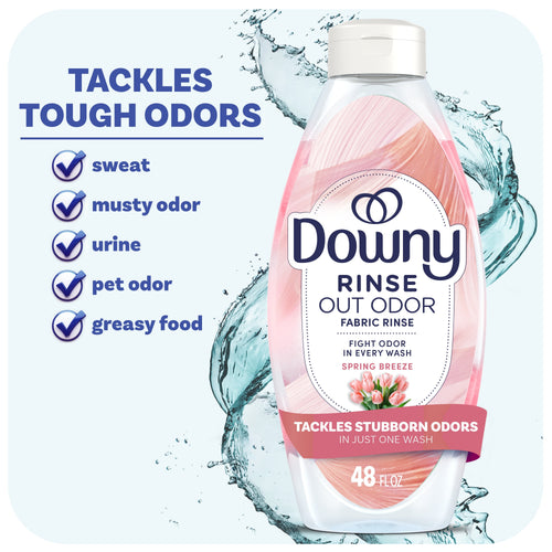 Downy Rinse Out Odor fabric rinse bottle in Spring Breeze design with callout list of tough odors it tackles