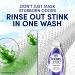 Graphic showing Downy Rinse Out Odor bottle beside bold text claiming it rinses out stubborn odors in one wash