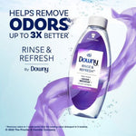 Promotional graphic of Downy Rinse & Refresh Fresh Lavender bottle with swirling lavender liquid and text about removing odors up to 3X better