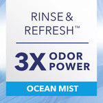 Graphic panel reading “Rinse & Refresh” and “3X Odor Power” with an Ocean Mist banner beneath