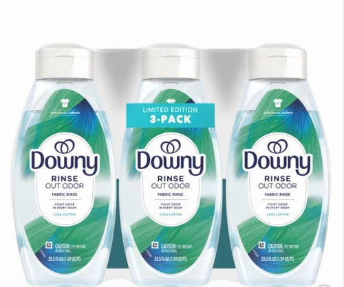 Limited edition 3-pack of Downy Rinse & Refresh Cool Cotton fabric rinse bottles shown front-facing