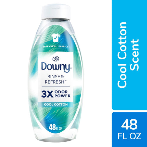 Clear bottle of Downy Rinse & Refresh Cool Cotton fabric rinse with blue-green label and 48 fl oz marking
