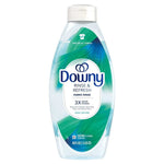 Front-facing Downy Rinse & Refresh Cool Cotton fabric rinse bottle with green-blue swirls and product badge