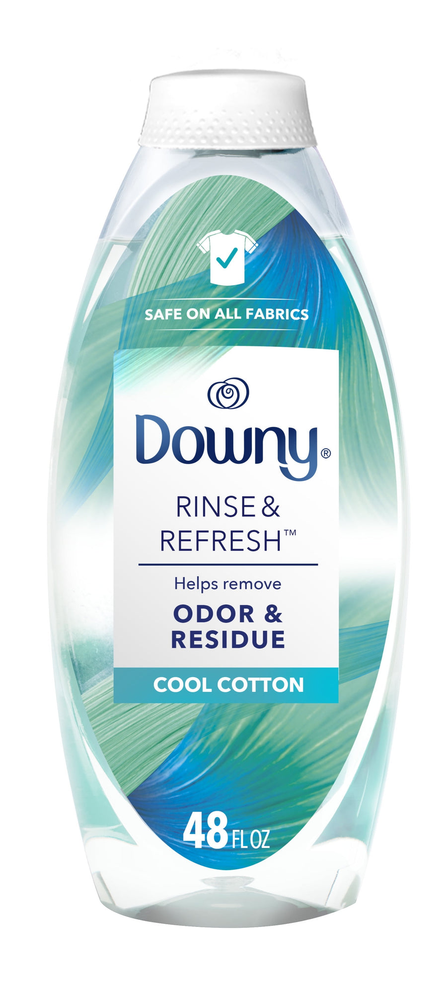 Close-up product photo of a Downy Rinse & Refresh Cool Cotton bottle showing front label and 48 fl oz volume.