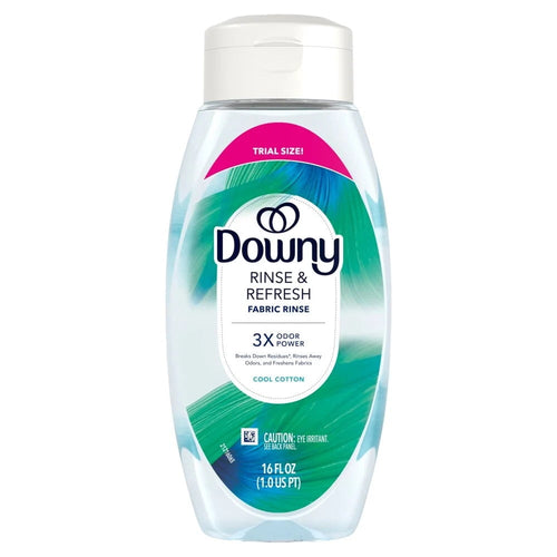 Full front view of Downy Rinse & Refresh Cool Cotton fabric rinse bottle labeled 3X odor power, 16 fl oz