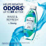Promotional image of Downy Rinse & Refresh Cool Cotton bottle with swirling blue liquid and text about removing odors up to 3X better