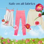 Clothesline with three garments against a blue sky and text ‘Safe on all fabrics’ with pink floral accents