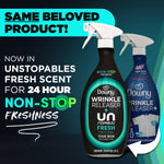 Marketing image with two Downy Wrinkle Releaser bottles and text highlighting 'Unstopables Fresh scent for 24 hour non-stop freshness'