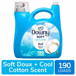 Blue jug of Downy Soft Cool Cotton fabric softener with cotton graphic and '190 loads' callout