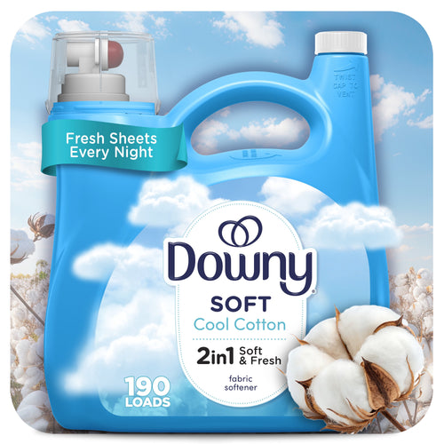 Blue Downy Soft Cool Cotton jug with cotton imagery and clouds on a light blue background