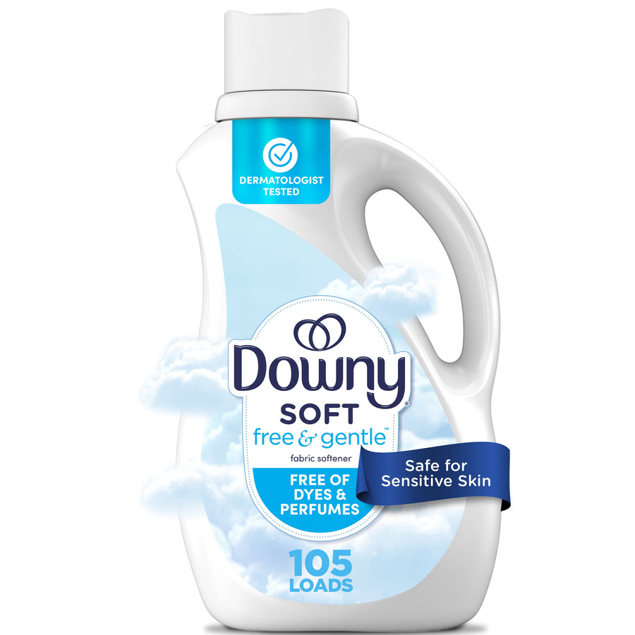 White bottle of Downy Soft Free & Gentle fabric softener with cloud graphics and a blue label indicating 105 loads